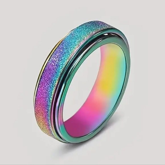 Titanium Stainless Steel ✦ Rainbow Sandblasted Anxiety Spinner Ring Unisex 11 - Picture 4 of 14